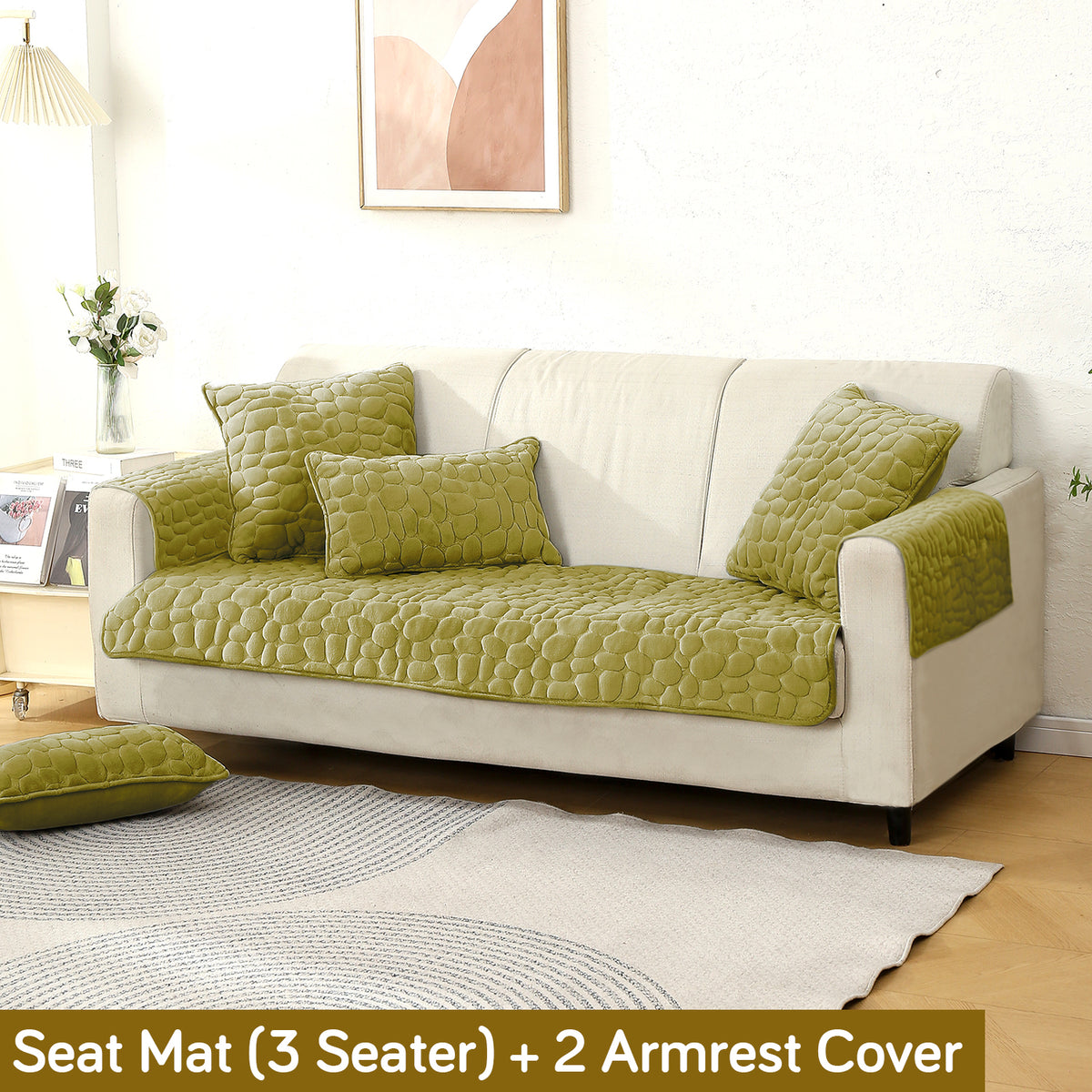 Premium Pebble Milk Velvet Anti Slip Sofa Cover Mat with 2 Armrest Cover, Pristine Green