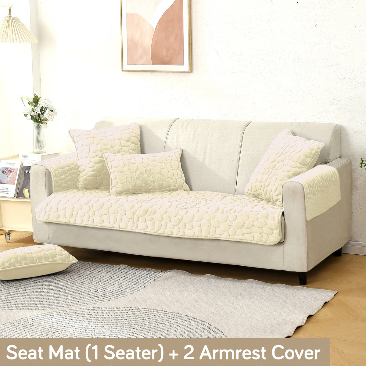Premium Pebble Milk Velvet Anti Slip Sofa Cover Mat with 2 Armrest Cover, Bliss White