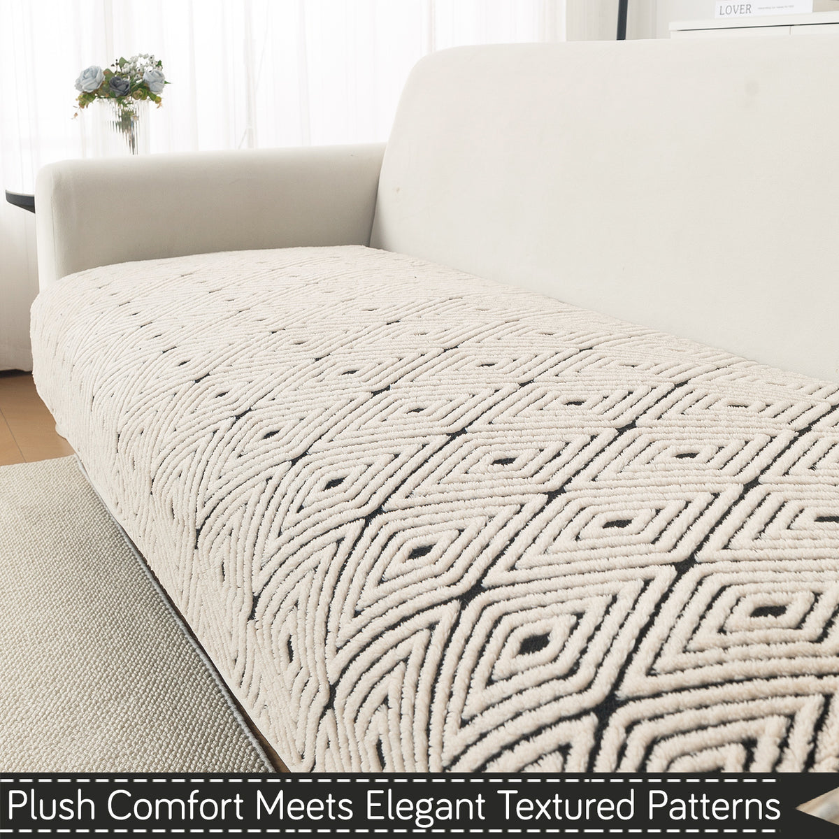 Luxury Plush Sherpa Anti Slip Combination Sofa Mat, 'Noirea Series'|Geometric Diamond