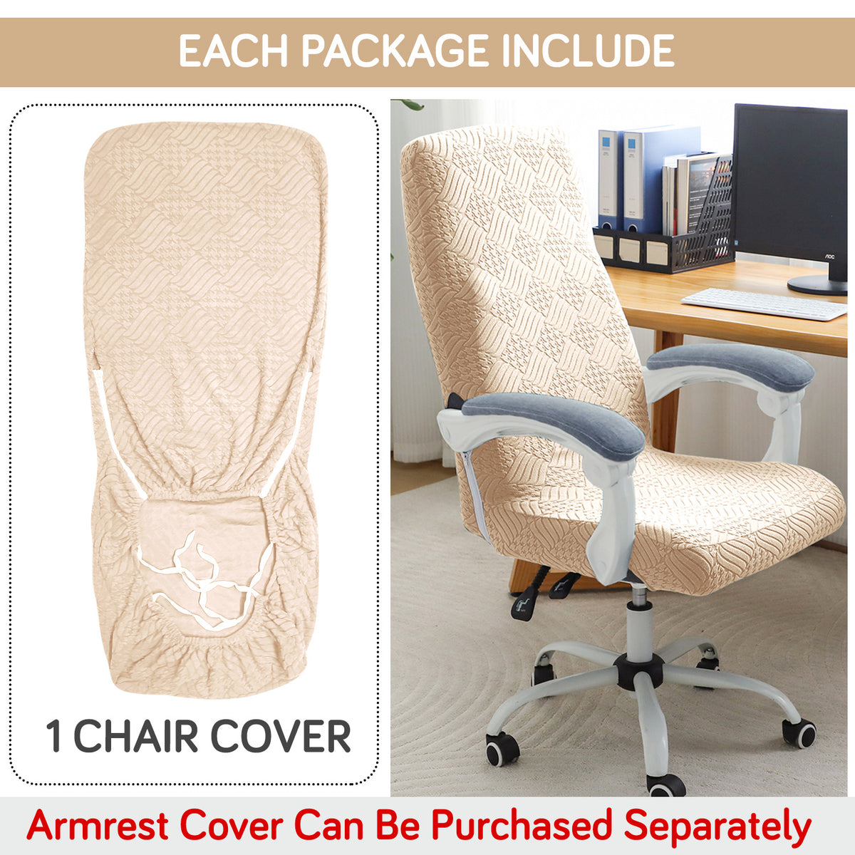 Office Chair Cover for Executive Chair (High-Back) – 170 GSM Stretchable Jacquard – Washable & Anti-Slip – Fits Big & Tall Office Chairs, Beige