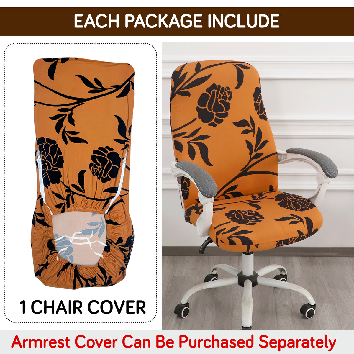 Printed Office Chair Cover for Desk Chair (Mid-Back) – 140 GSM Stretch Fabric – Durable & Anti-Slip – Fits Mid-Back Office Chairs, Copper Brown Floral - Medium