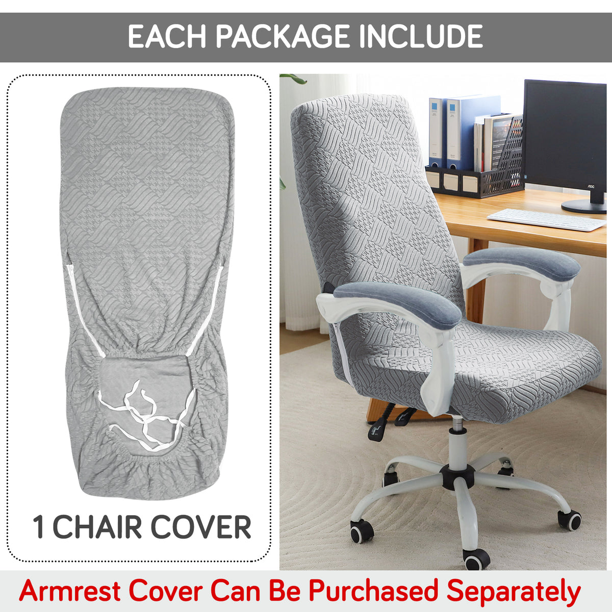 Office Chair Cover for Executive Chair (High-Back) – 170 GSM Stretchable Jacquard – Washable & Anti-Slip – Fits Big & Tall Office Chairs, Light Grey