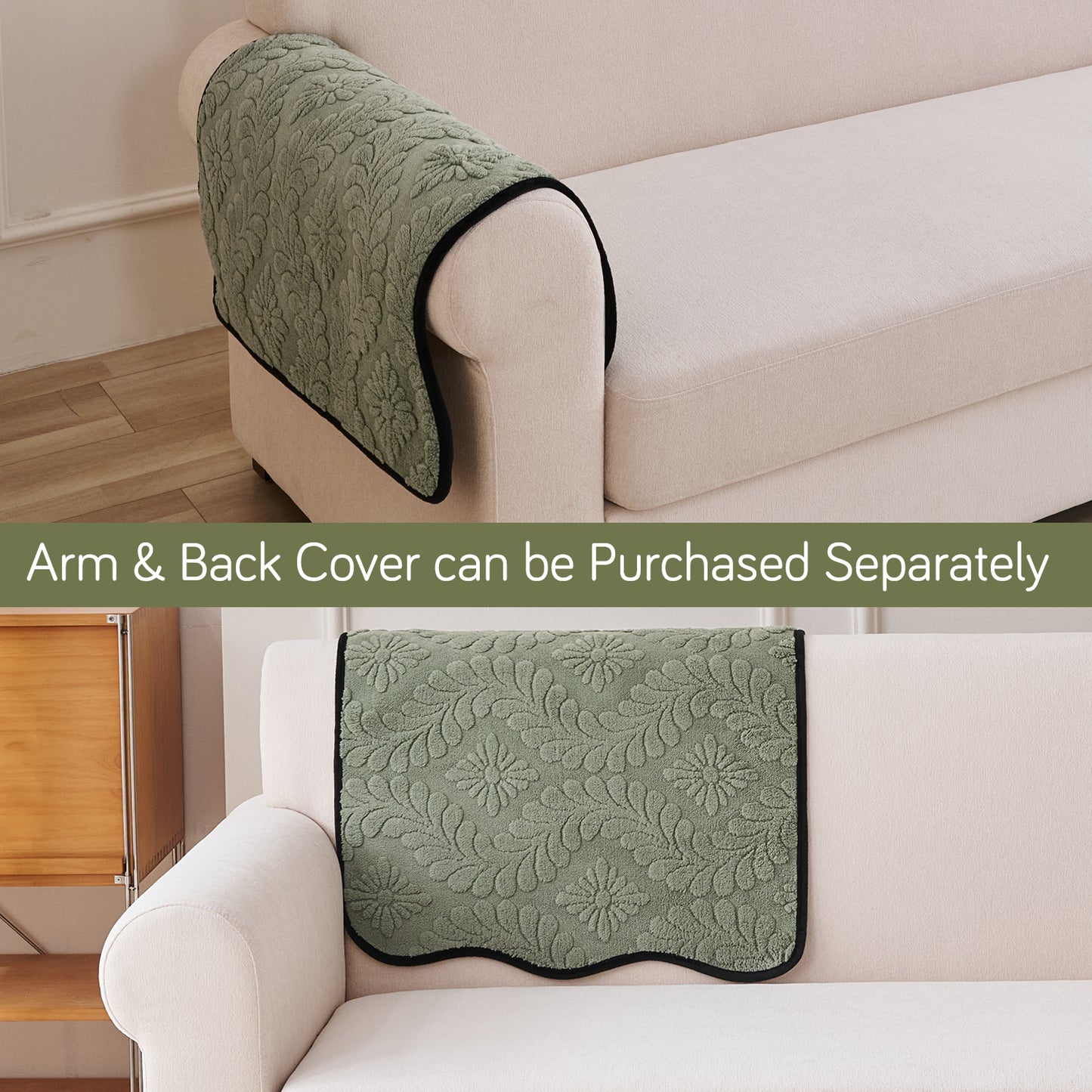 Embossed Floral Jacquard Anti-Slip Sofa Cover Mat, 'Wavy Petal Crest Series' Sage Green