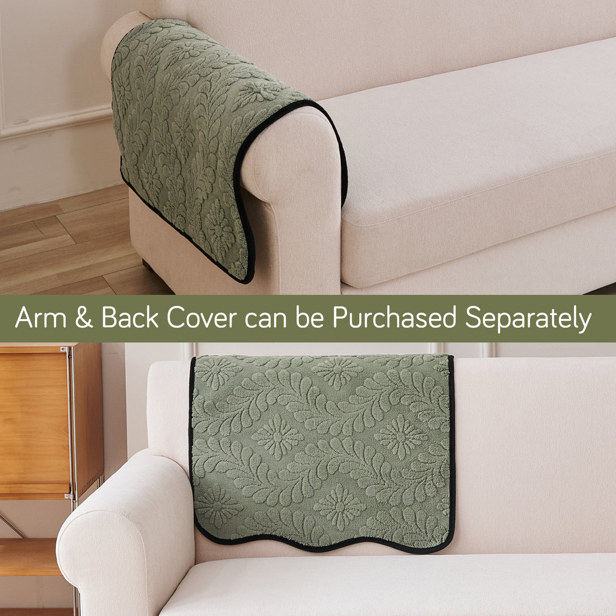 Embossed Floral Jacquard Anti-Slip Sofa Cover Mat, 'Wavy Petal Crest Series' Sage Green