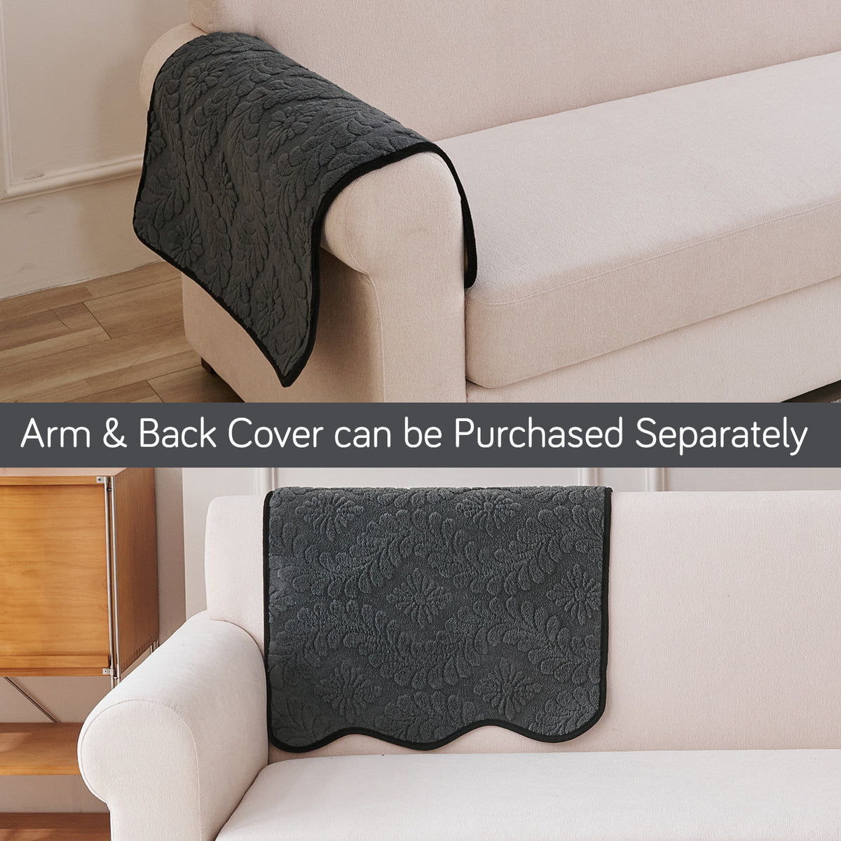 Embossed Floral Jacquard Anti-Slip Sofa Cover Mat, 'Wavy Petal Crest Series' Charcoal Grey