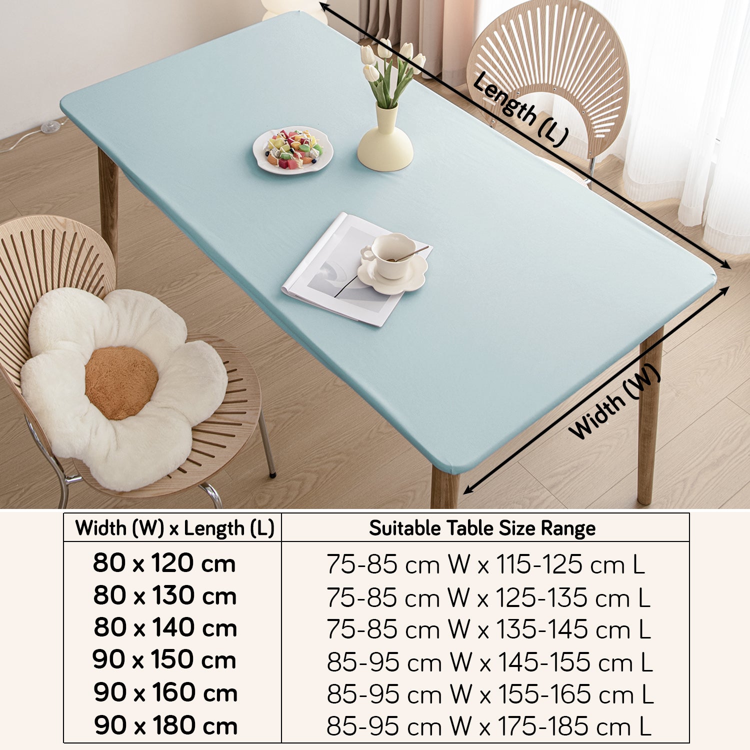 HOKIPO 100% Waterproof Non-Slip Stretch Table Cover, Sky Blue