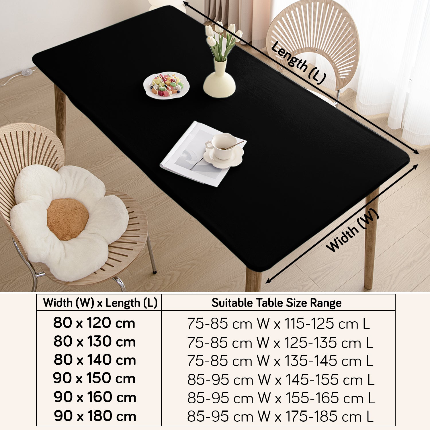 HOKIPO 100% Waterproof Non-Slip Stretch Table Cover, Black