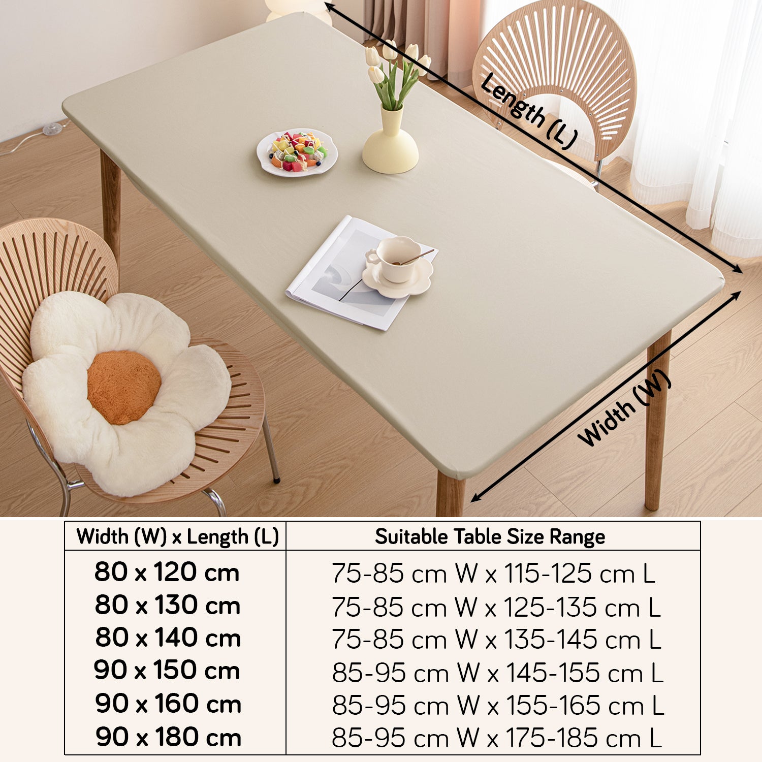 HOKIPO 100% Waterproof Non-Slip Stretch Table Cover, Cream