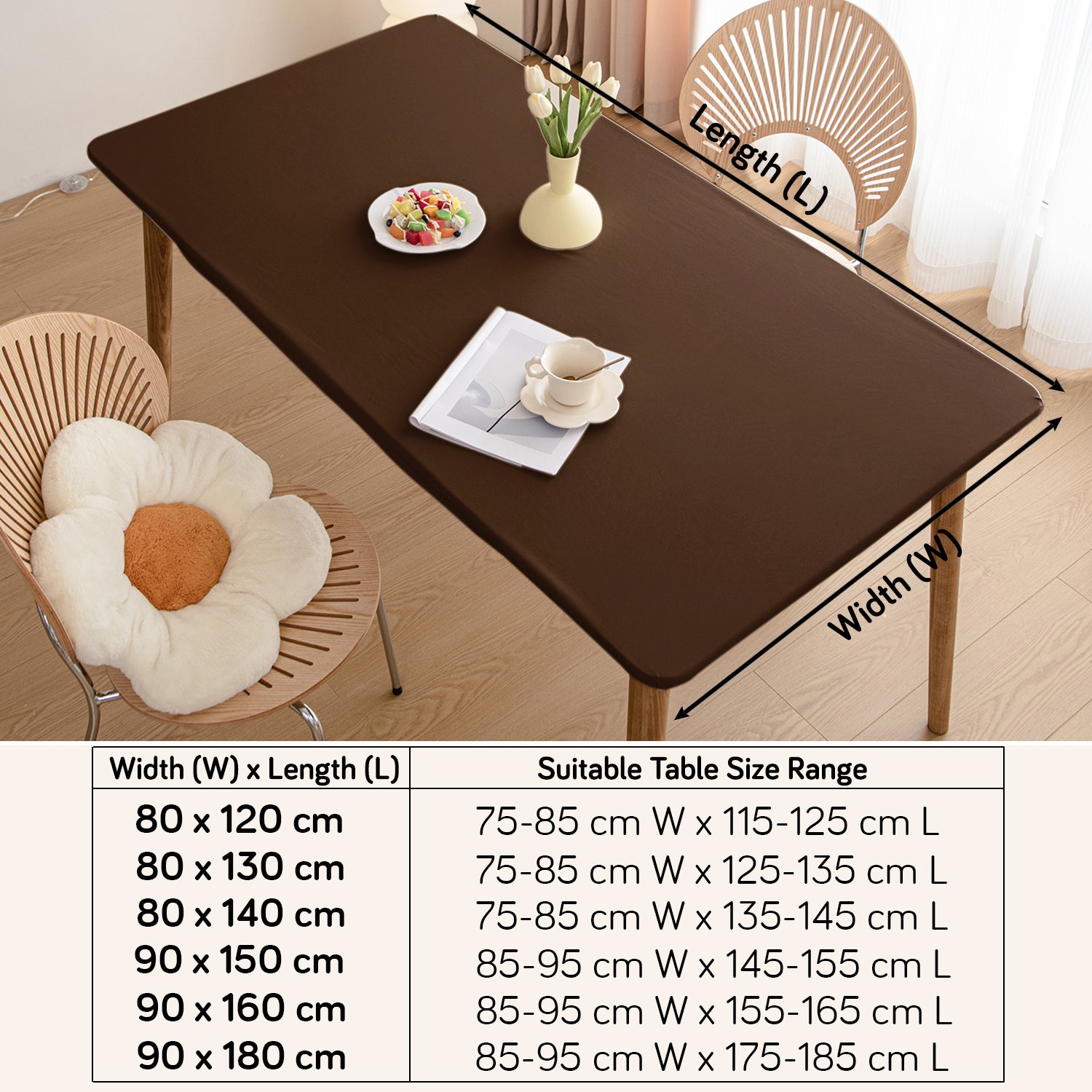 HOKIPO 100% Waterproof Non-Slip Stretch Table Cover, Brown