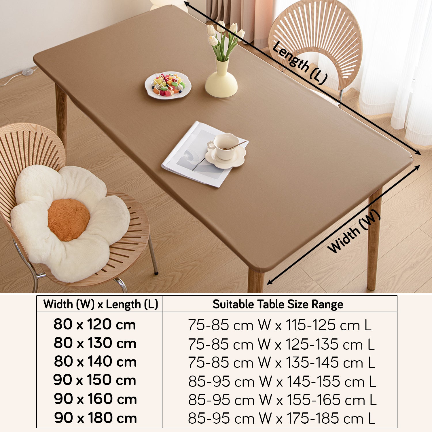 HOKIPO 100% Waterproof Non-Slip Stretch Table Cover, Light Brown