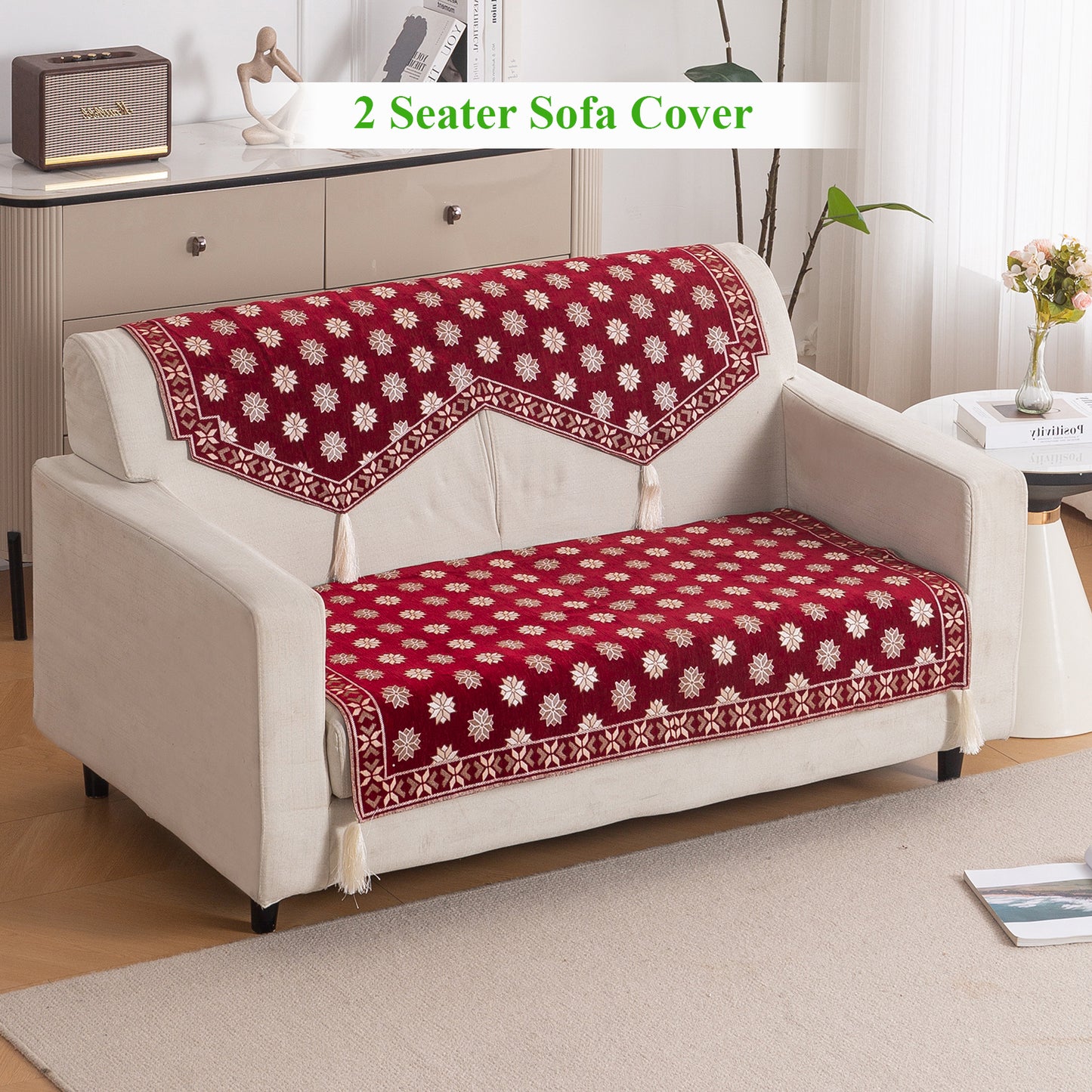 Heritage Weave Premium Jacquard Sofa Cover Set with Tassels -  Crimson Red
