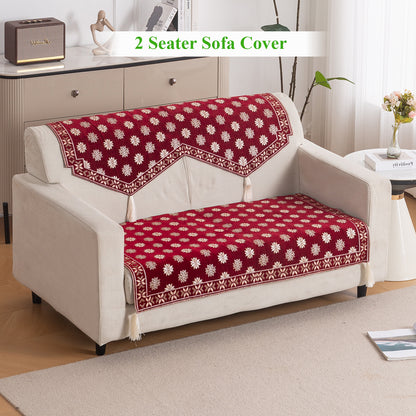 Heritage Weave Premium Jacquard Sofa Cover Set with Tassels -  Crimson Red