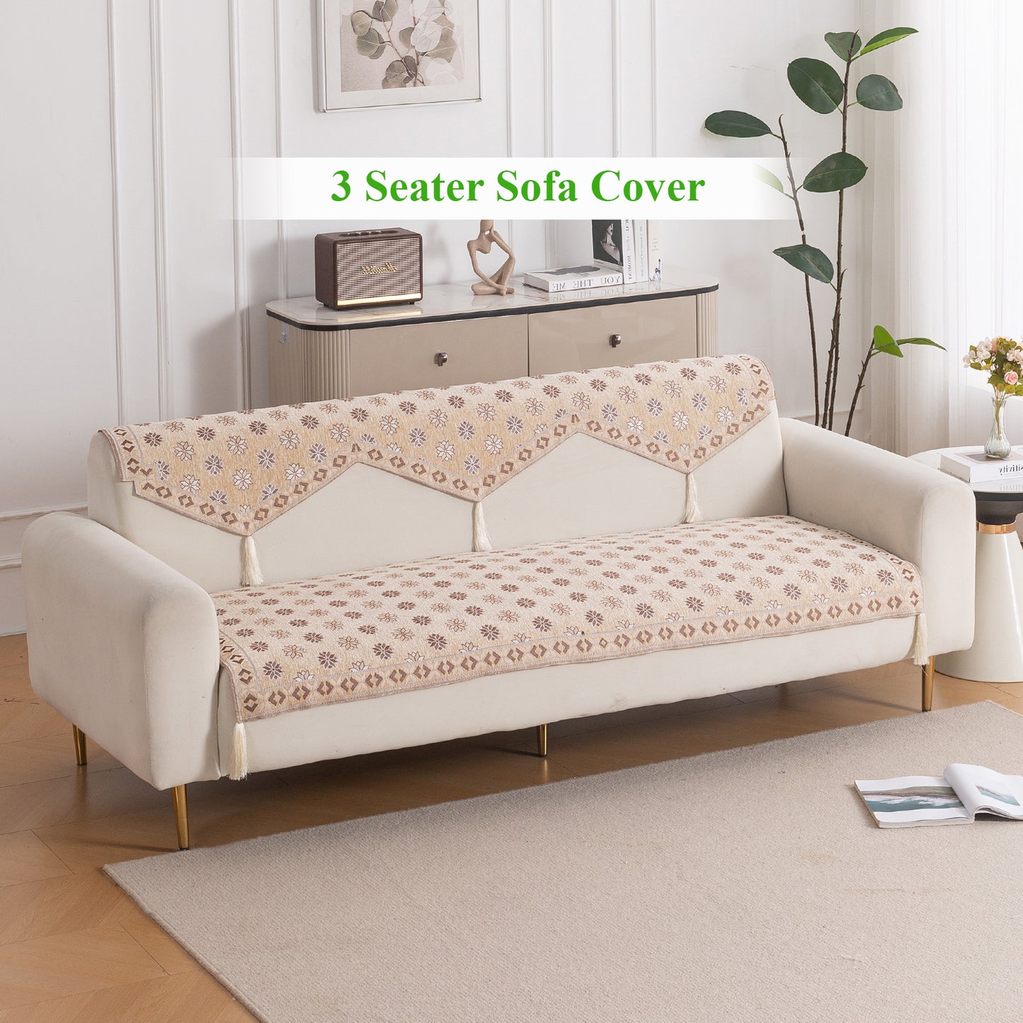 Heritage Weave Premium Jacquard Sofa Cover Set with Tassels - Sandy Beige