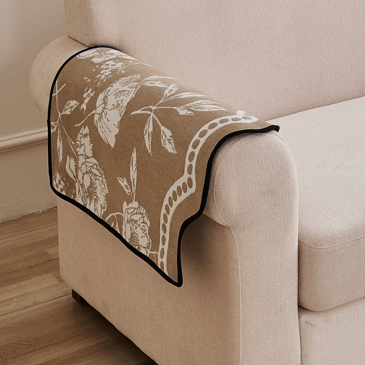 Chenille Sofa Cover Mat with Curvy Edges, 'Retro Curves Series' Sofa Mat, Sand Beige