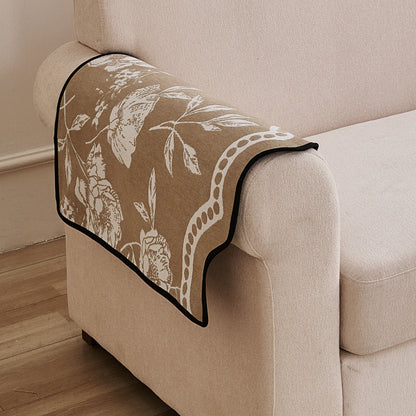 Chenille Sofa Cover Mat with Curvy Edges, 'Retro Curves Series' Sofa Mat, Sand Beige