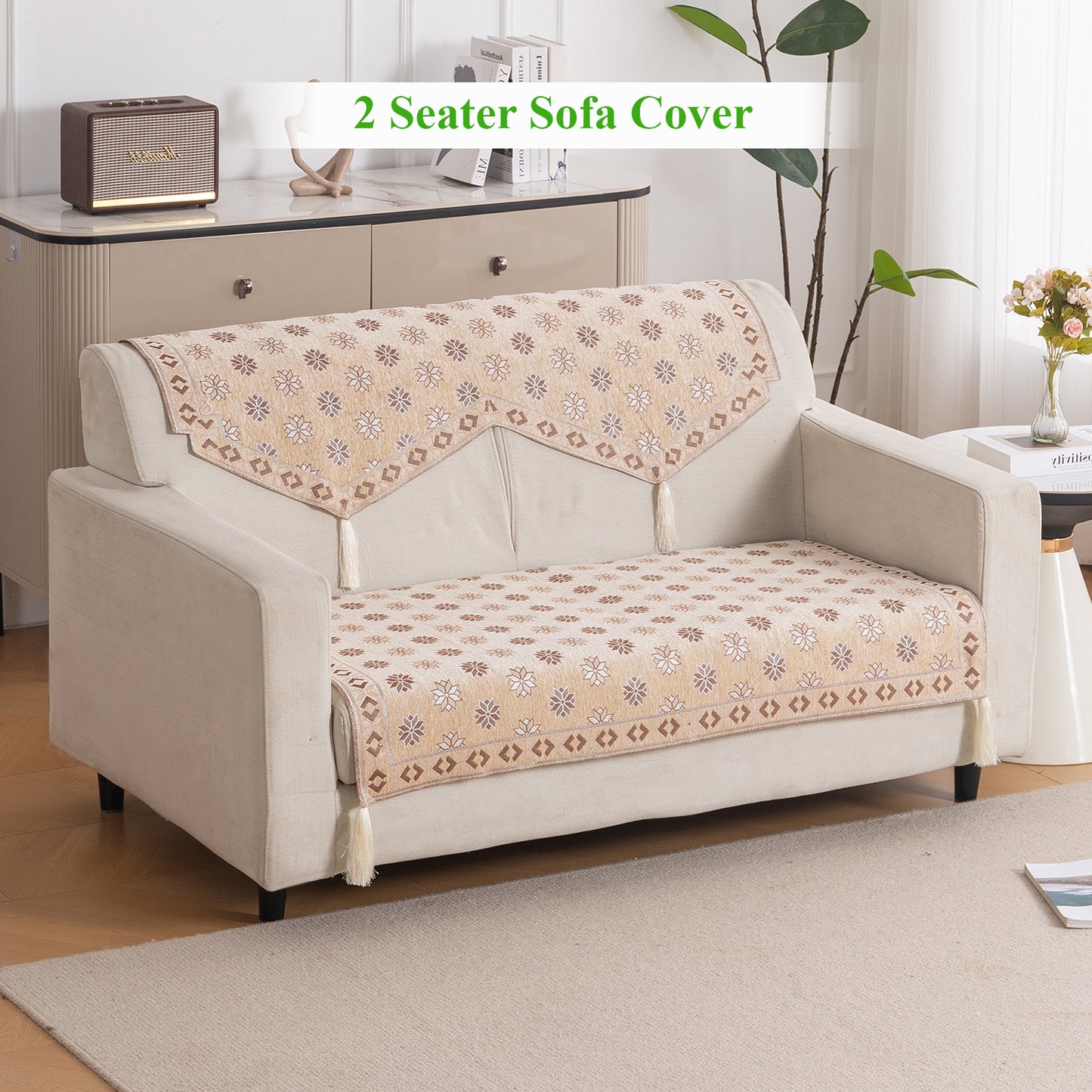 Heritage Weave Premium Jacquard Sofa Cover Set with Tassels - Sandy Beige