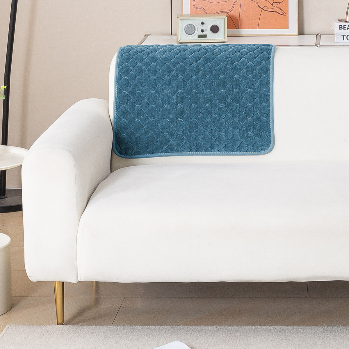 Diamond Plush Pebble Quilted Sofa Cover Mat, Blue