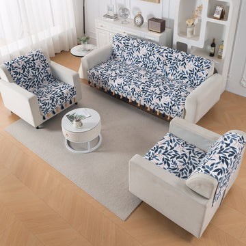 'Whispers of Nature' Series Holland Velvet Sofa Cover with Tassel, Indigo Foliage