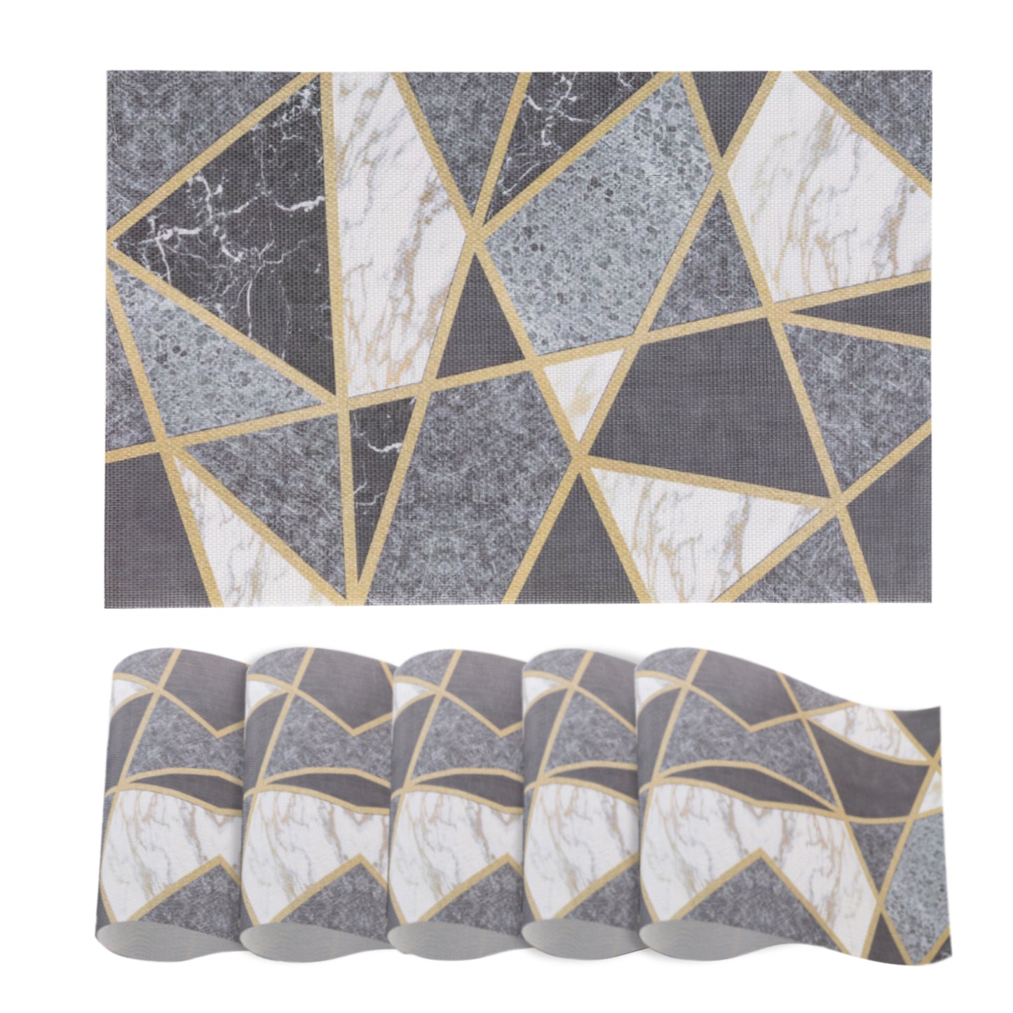 Marble Fusion PVC Mats for Dining Table, Geo Triangles - Charcoal Grey