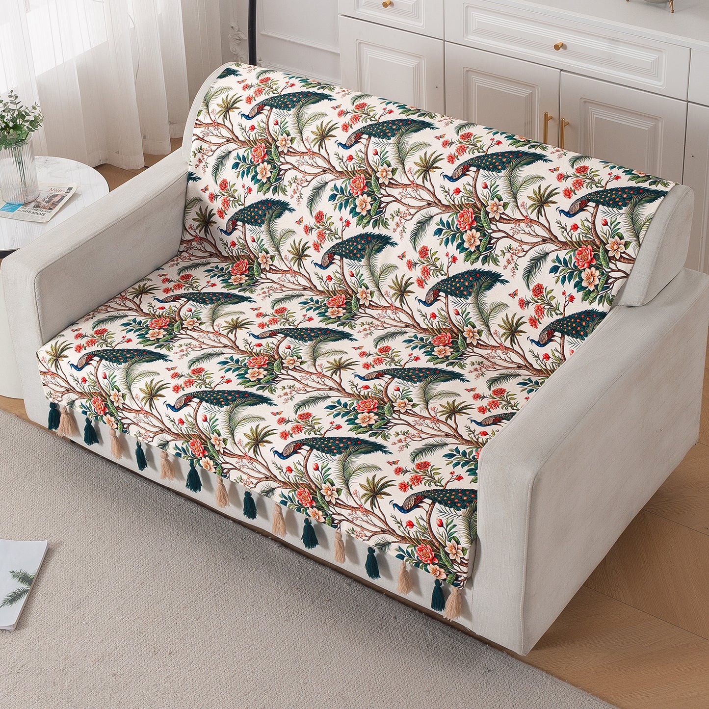 'Whispers of Nature' Series Holland Velvet Sofa Cover with Tassel, Multicolor Tropical Peacock
