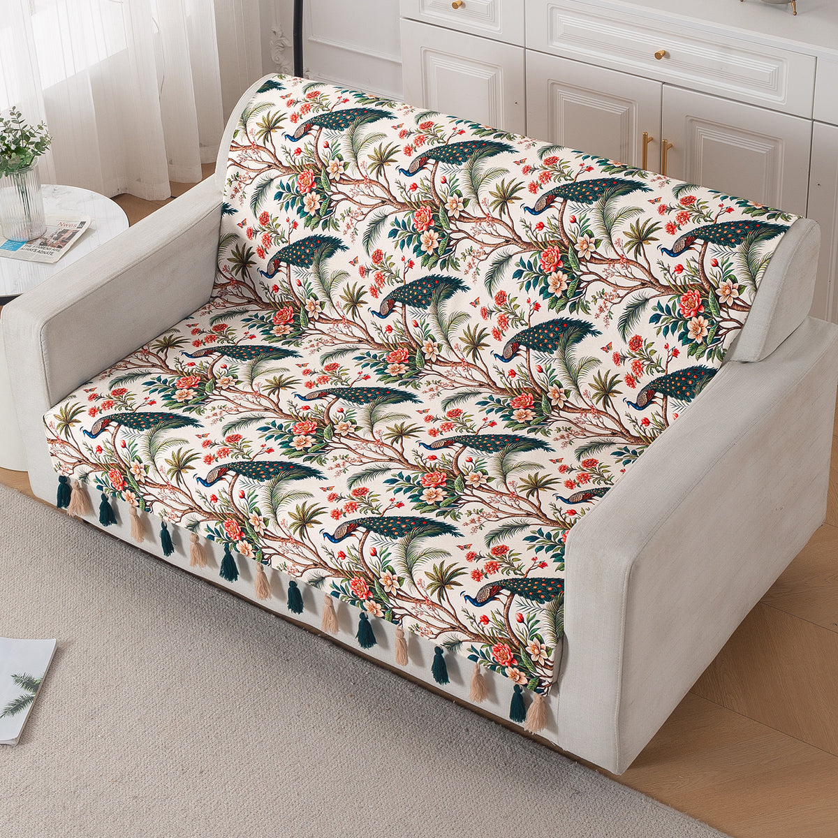 'Whispers of Nature' Series Holland Velvet Sofa Cover with Tassel, Multicolor Tropical Peacock