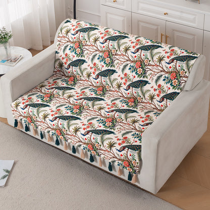 'Whispers of Nature' Series Holland Velvet Sofa Cover with Tassel, Multicolor Tropical Peacock