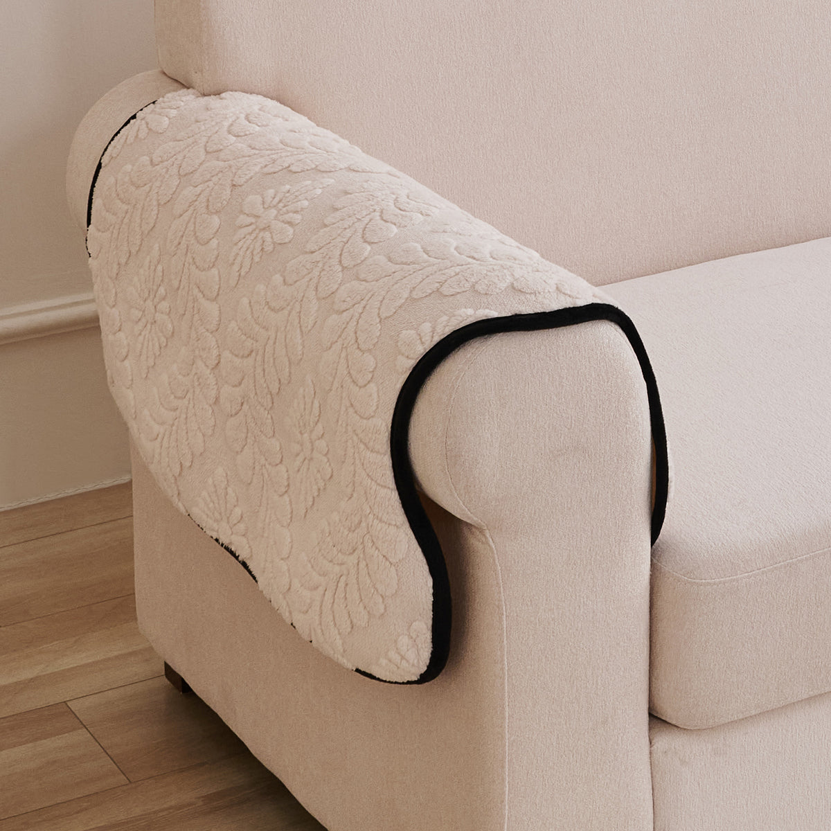 Embossed Floral Jacquard Anti-Slip Sofa Cover Mat, 'Wavy Petal Crest Series' Light Cream