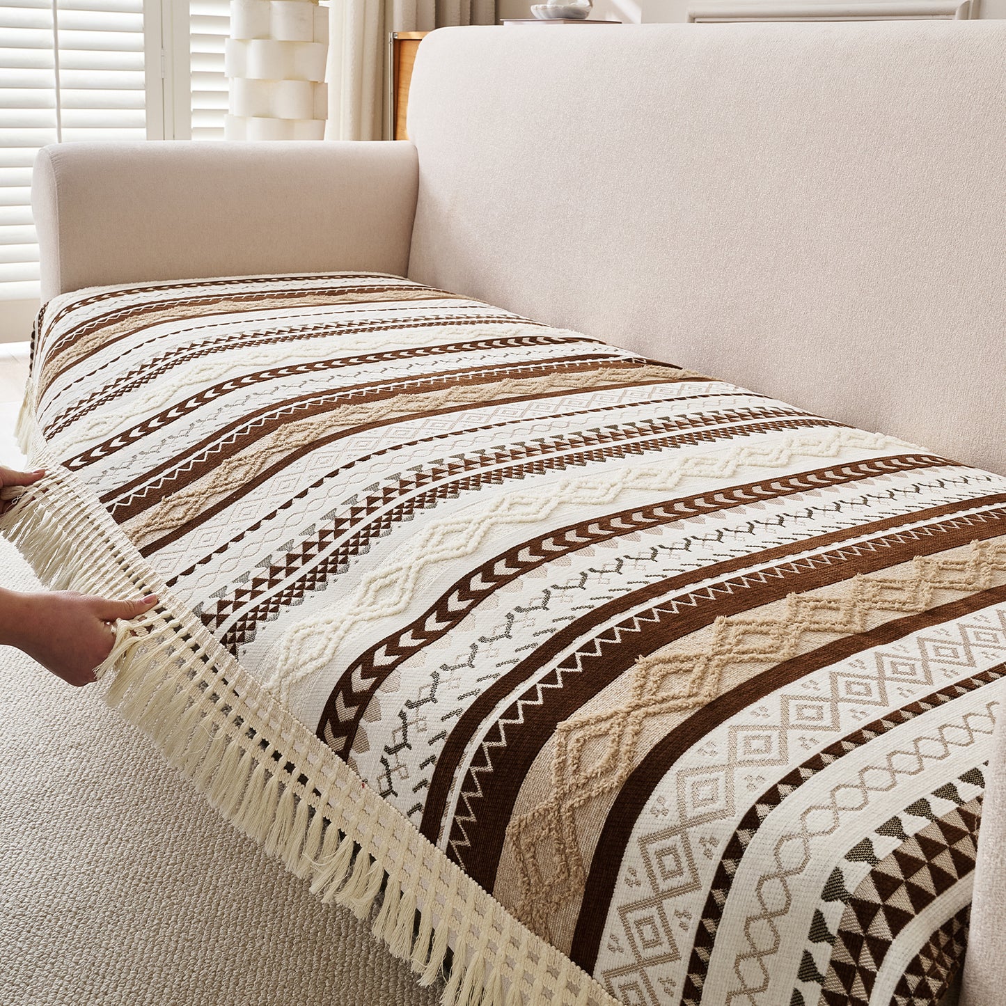 Nordic Boho Geometric Sofa Cover Mat with Tassel, 'Nordic Tassel Series'  Chocolate Brown