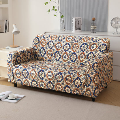Premium Printed Velvet Sofa Cover 1/2/3 Seaters Fully Covered, Indigo Moroccan Charm
