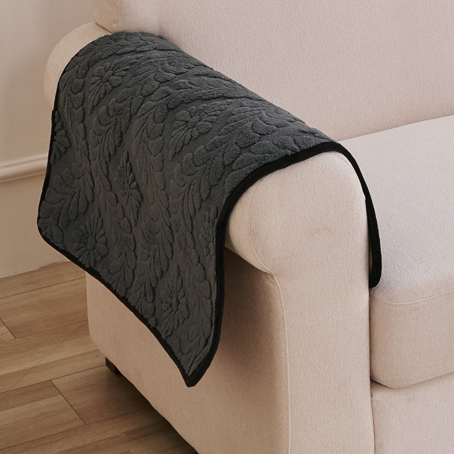 Embossed Floral Jacquard Anti-Slip Sofa Cover Mat, 'Wavy Petal Crest Series' Charcoal Grey