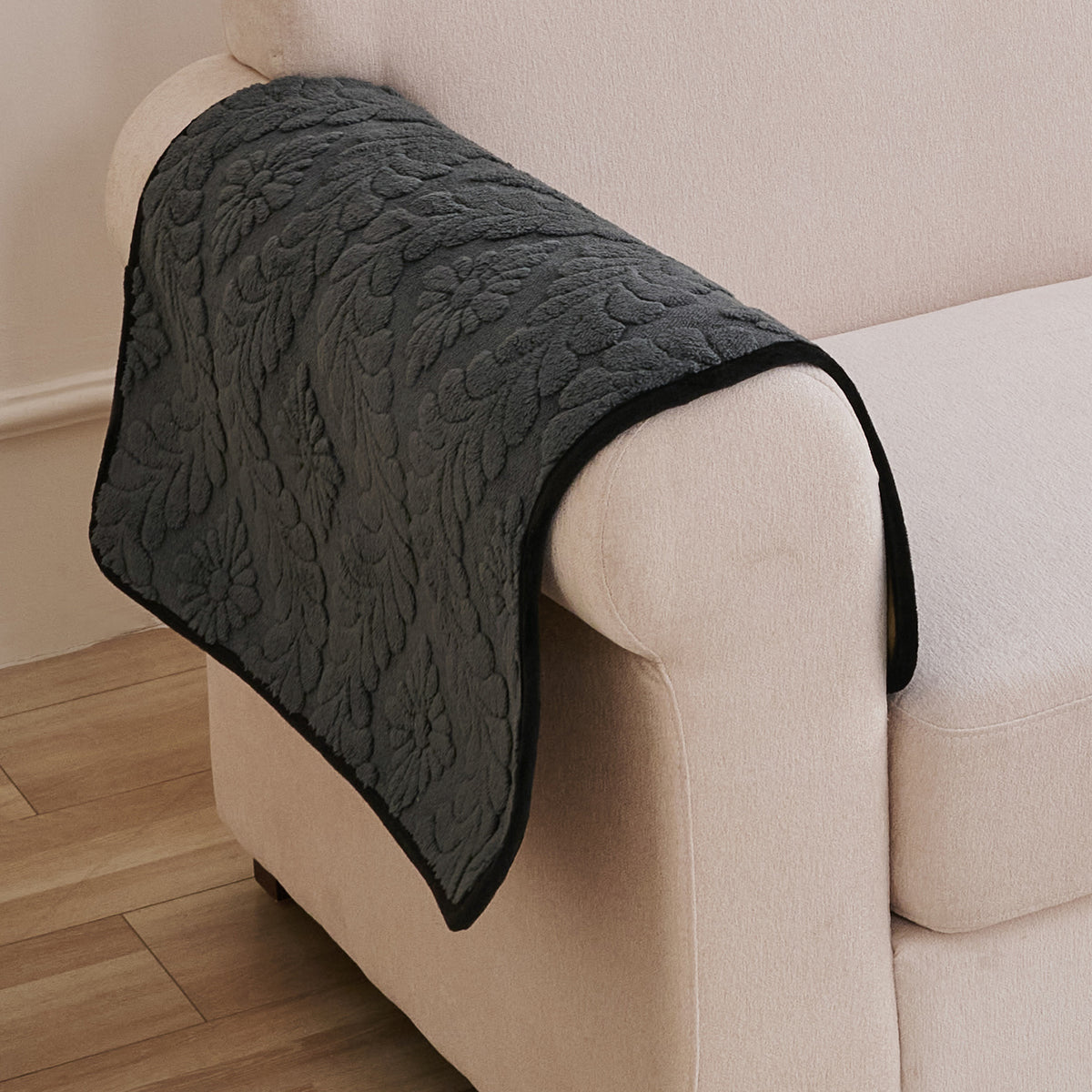 Embossed Floral Jacquard Anti-Slip Sofa Cover Mat, 'Wavy Petal Crest Series' Charcoal Grey