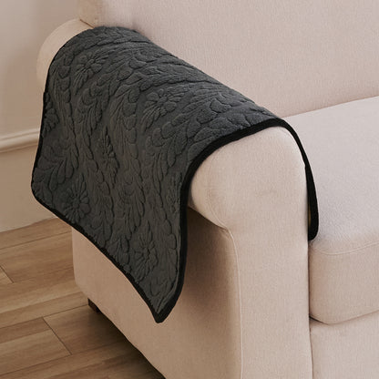 Embossed Floral Jacquard Anti-Slip Sofa Cover Mat, 'Wavy Petal Crest Series' Charcoal Grey
