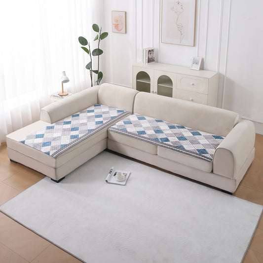 LiefNest Printed Holland Velvet L Shape Sofa Seat Mat with Foam Filling - Diamond Slate Grey Blue