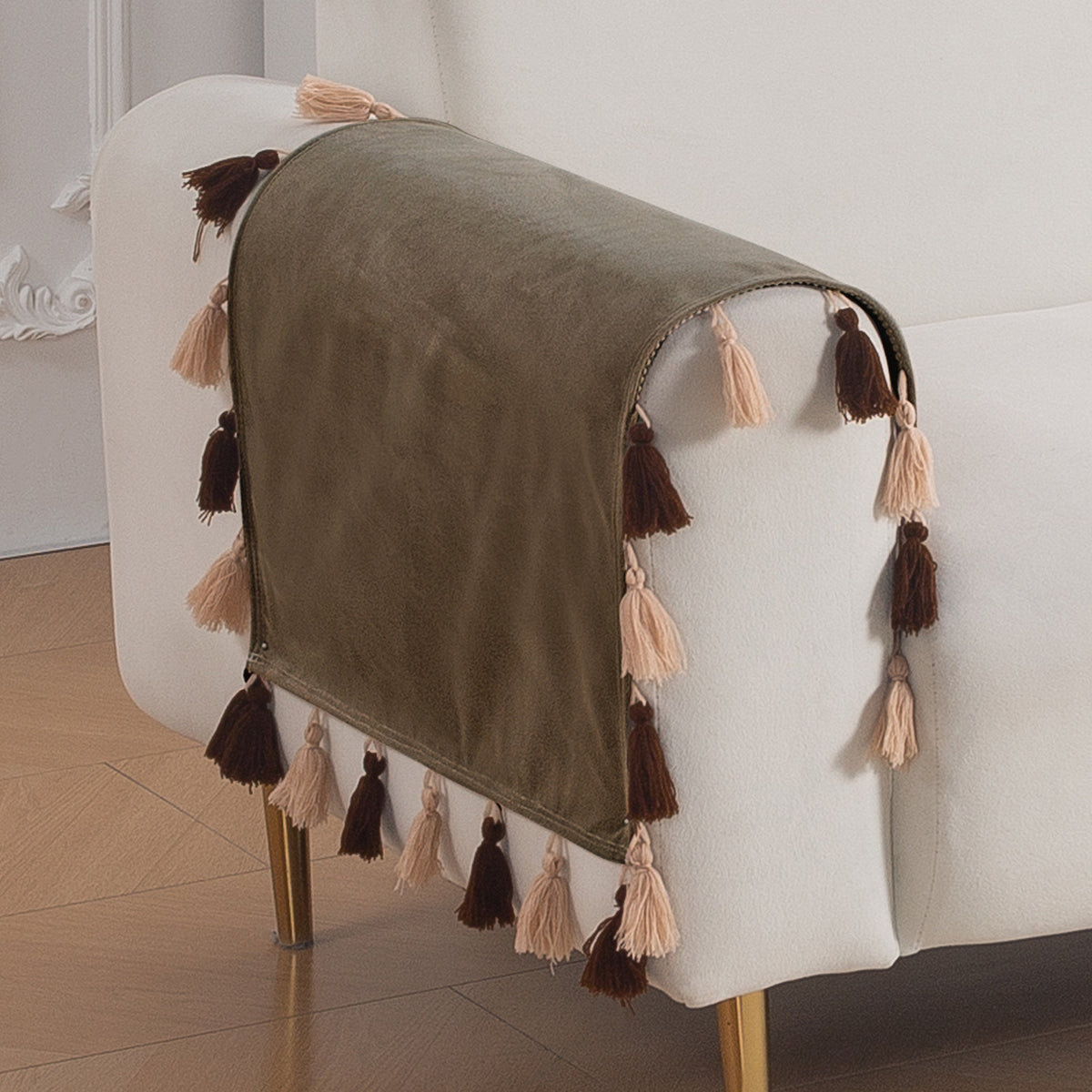 Tassel Tone Holland Velvet Sofa Cover Mat, Coffee Brown