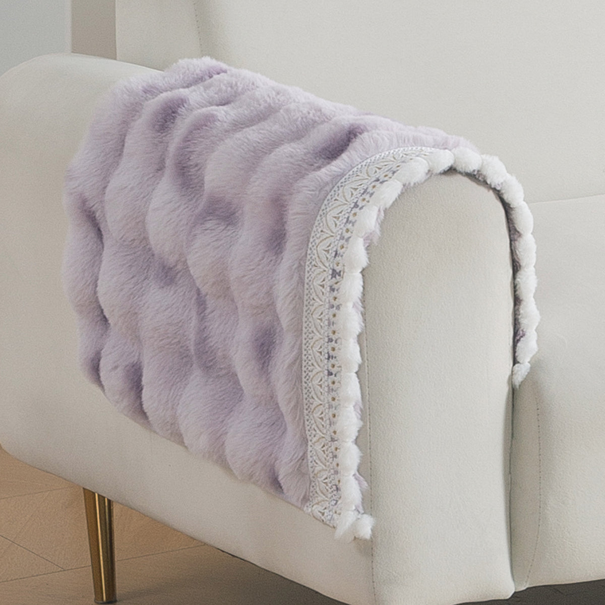 Faux Rabbit Fur Sofa Cover with Lace |Gradient Rabbit Plush, Violet