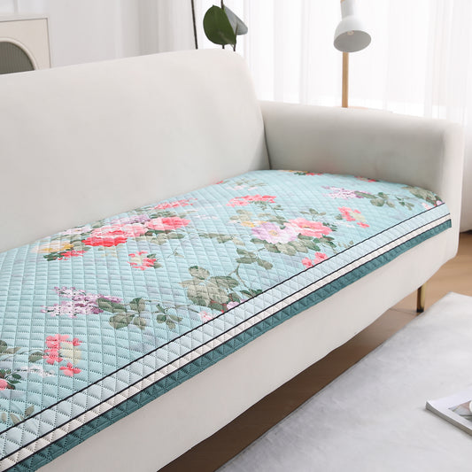 LiefNest Holland Velvet Sofa Cover Mat with Foam Filling -  Fresh Floral Pastel Blue