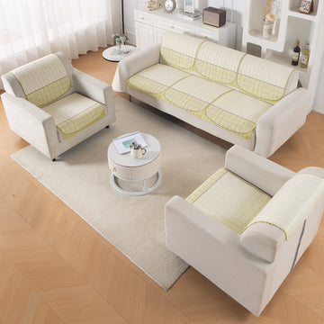 'Comfort Grid Series' Premium Quilted 5 (3+1+1) Seater Sofa Cover Set with Foam Filling | Butter Cream