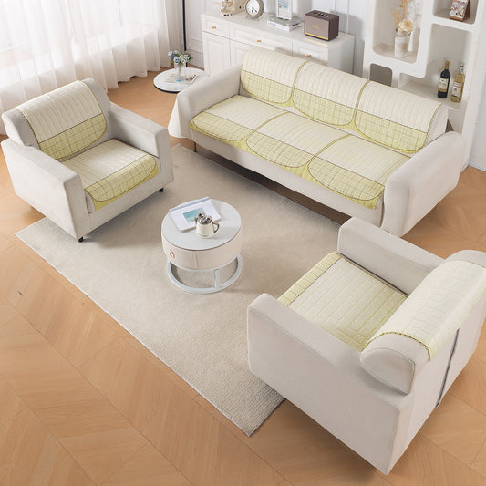 Premium Quilted 5 (3+1+1) Seater Sofa Cover Set with Foam Filling | 'Comfort Grid', Butter Cream