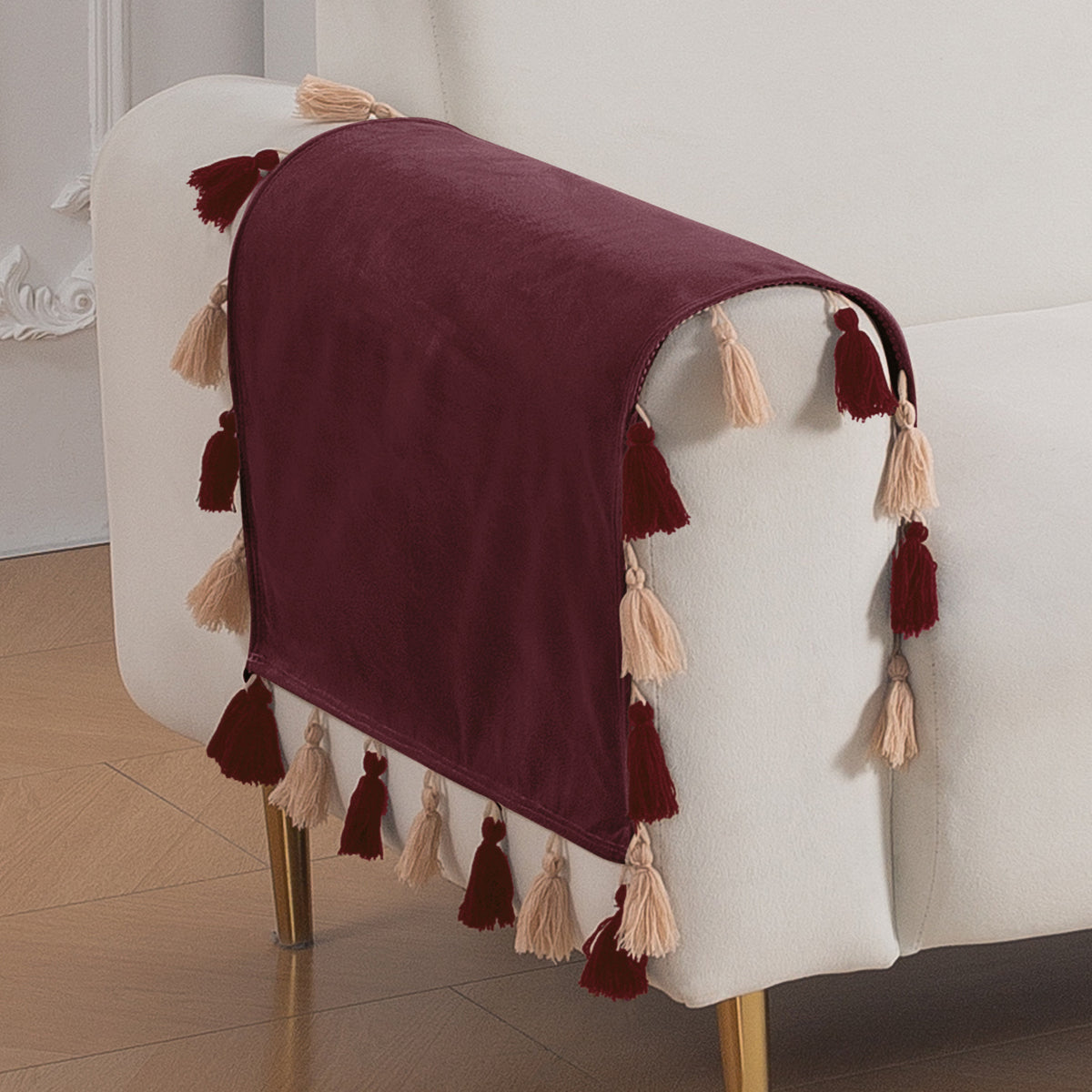 Tassel Tone Holland Velvet Sofa Cover Mat, Wine Red