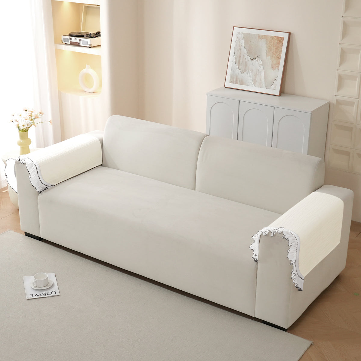 French Lace & Luxe with White Ruffle Edge Sofa Cover Mat, Pearl Sheen White