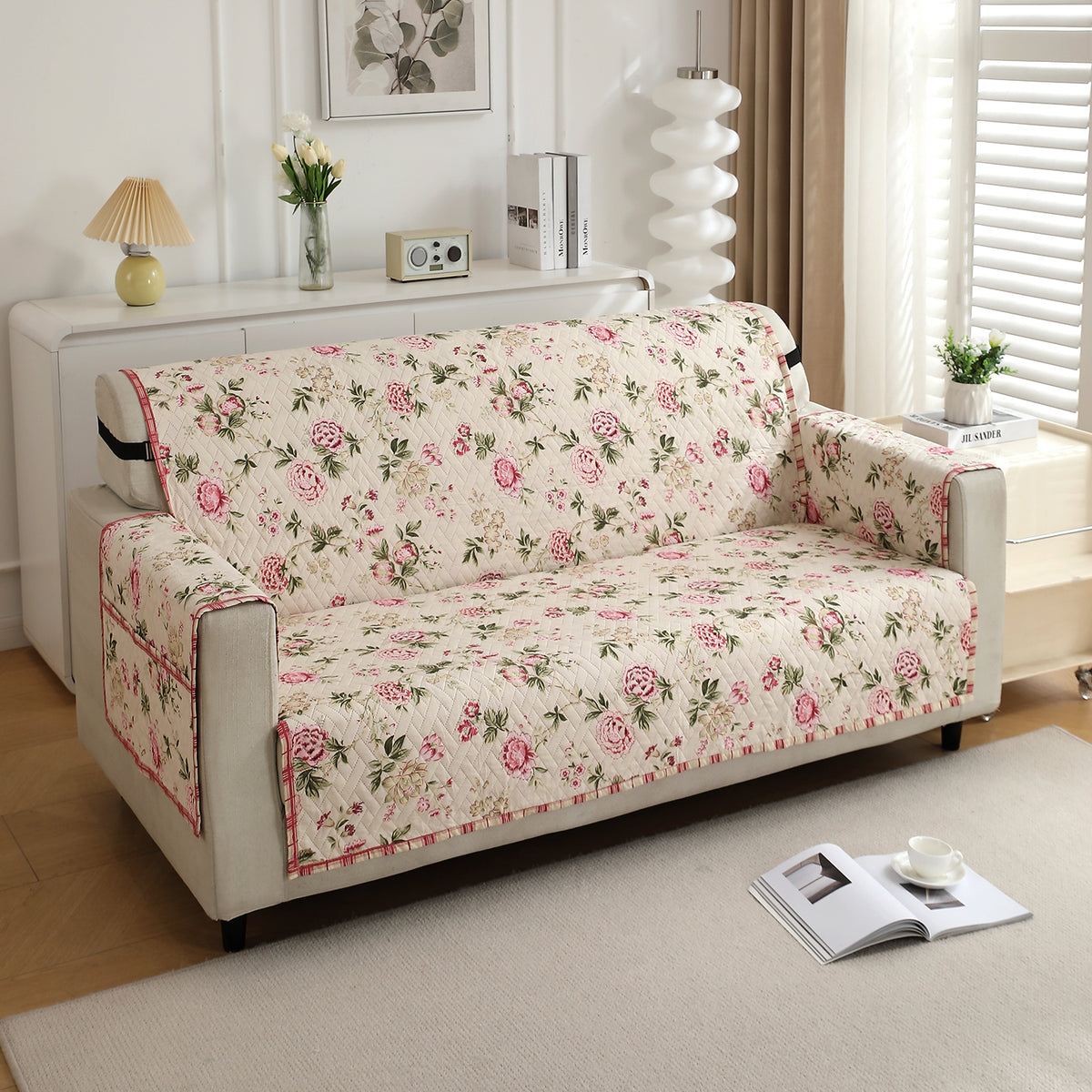 Beige Peonies Printed elegant three seater quilted sofa cover