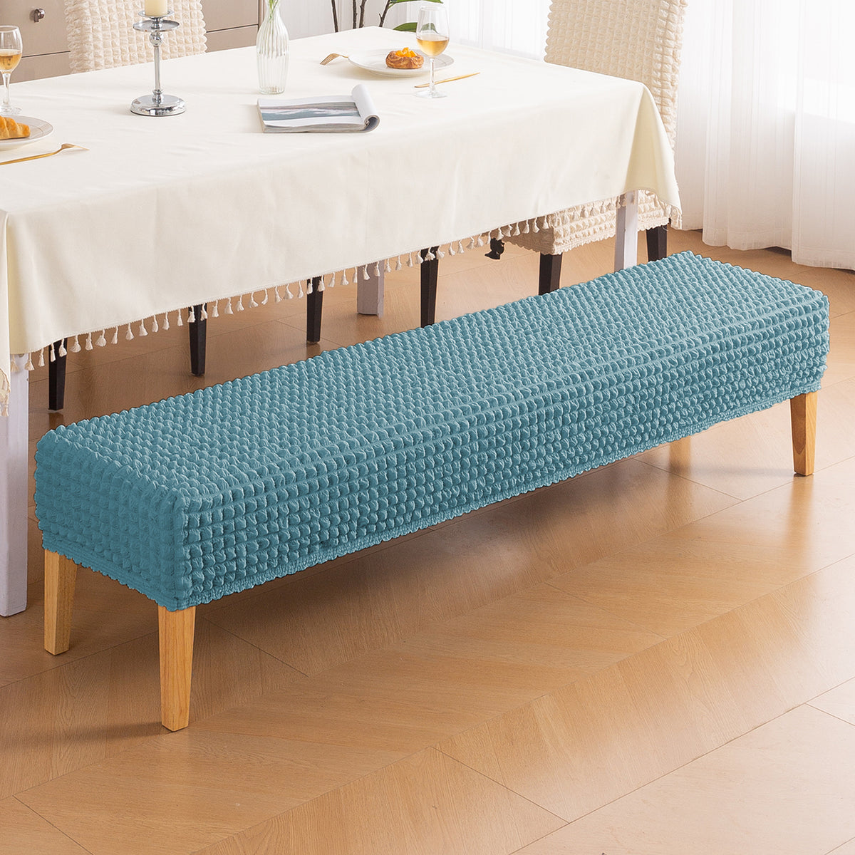 Aria Nova 280 GSM Stretchable Bubble Dining Bench Cover, Tropical Teal