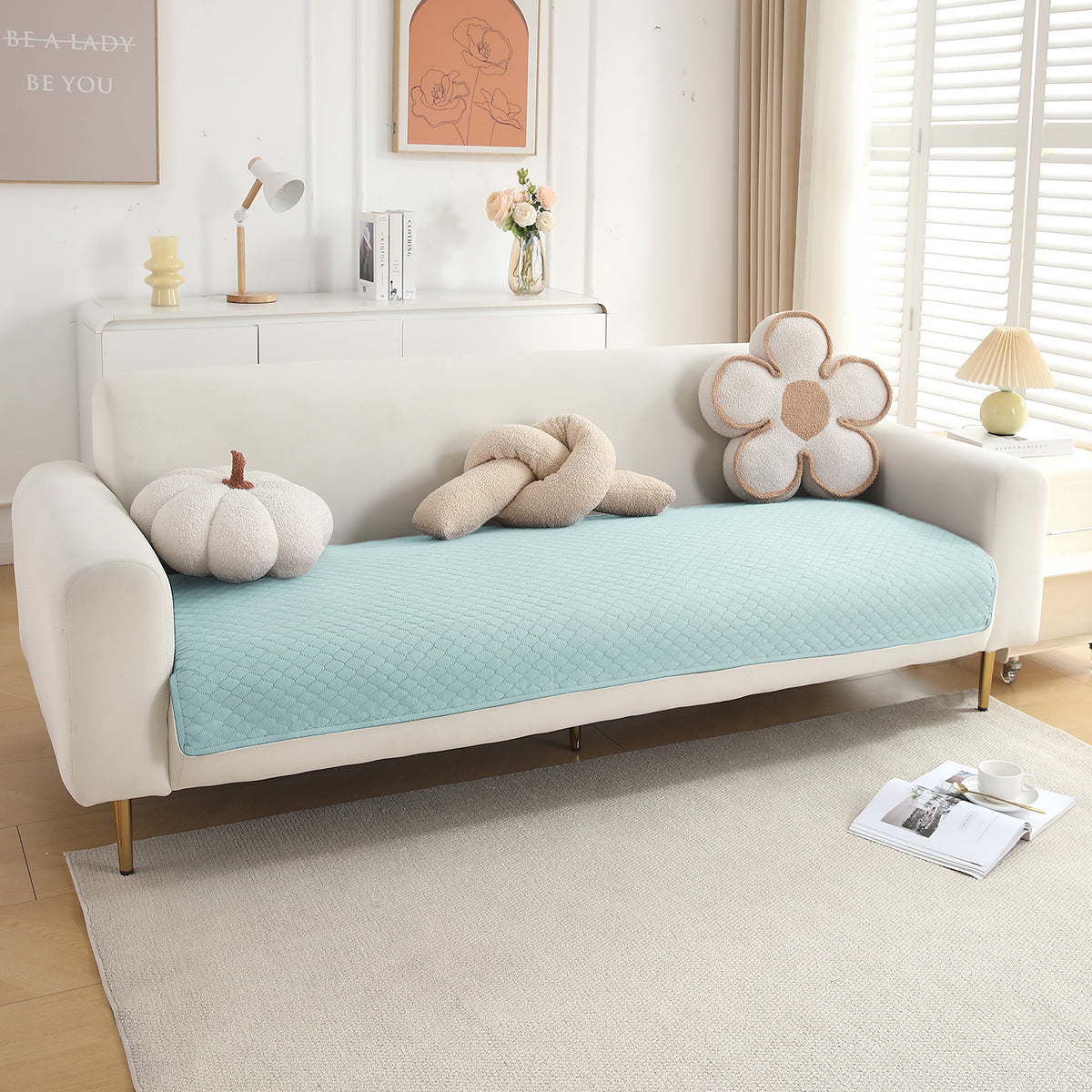 Polyester Quilted Sofa Cover Mats, Light Sky Blue