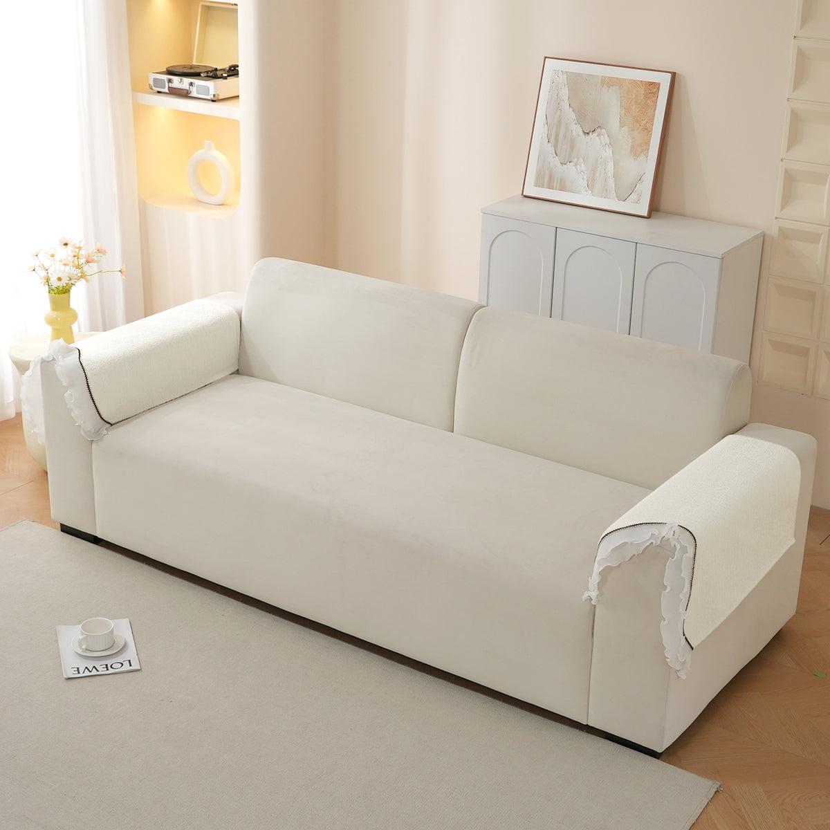 French Classic Frill Wavy Sofa Cover Mat with Curve & Lace - Snow White Ivory