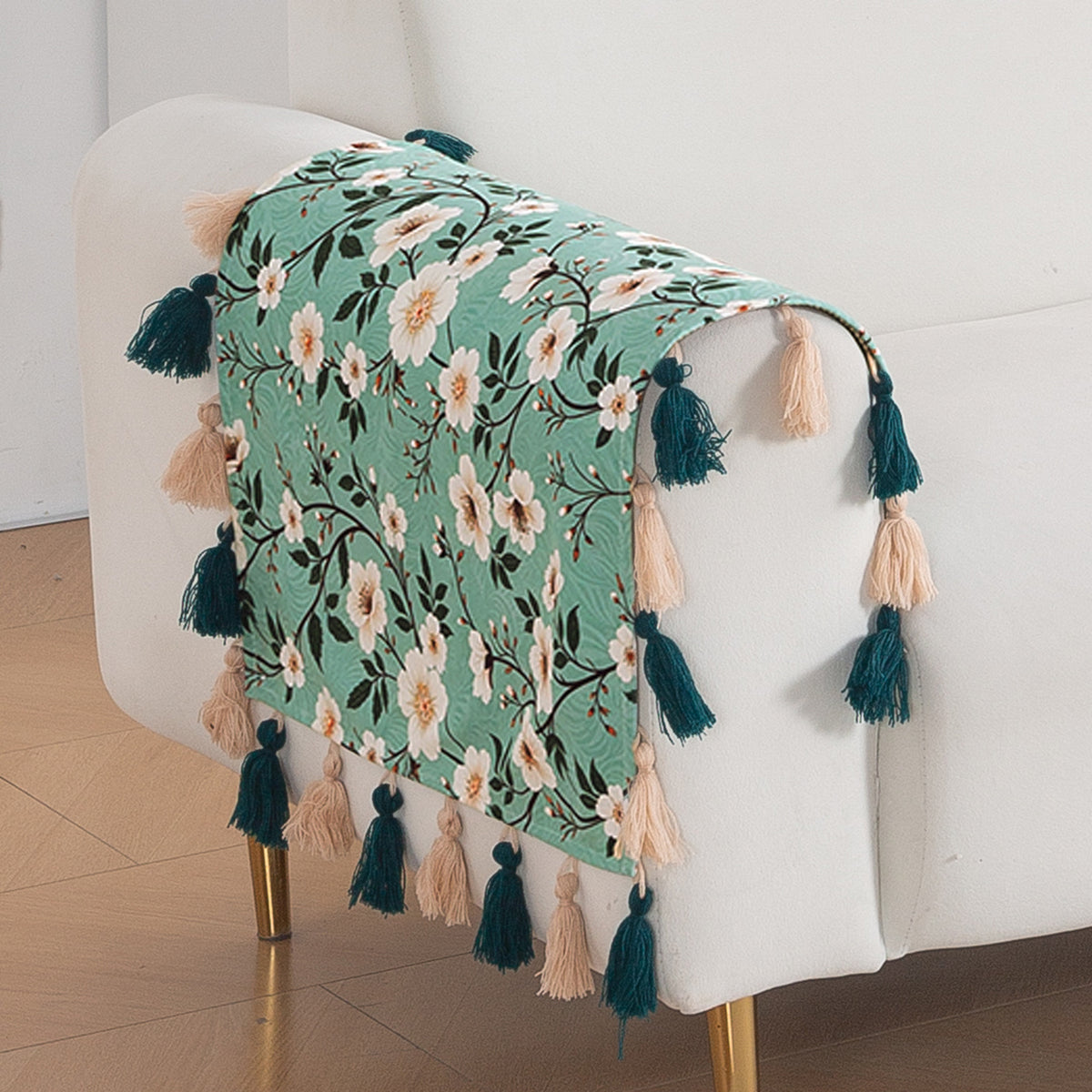'Whispers of Nature' Series Holland Velvet Sofa Mat with Tassel, Sage Floral Vine