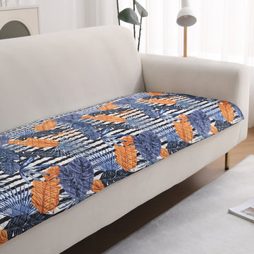 LiefNest Holland Velvet Sofa Cover Mat with Foam Filling - Tropical Leaves Dusk Blue