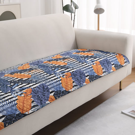 LiefNest Holland Velvet Sofa Cover Mat with Foam Filling - Tropical Leaves Dusk Blue