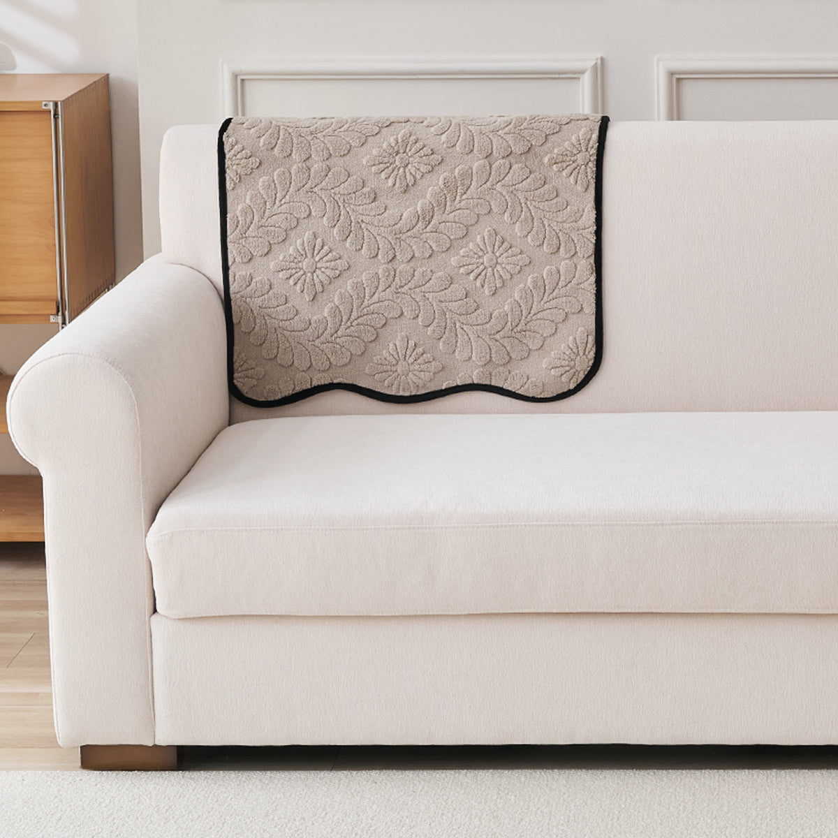 Embossed Floral Jacquard Anti-Slip Sofa Cover Mat, 'Wavy Petal Crest Series' Soft Brown