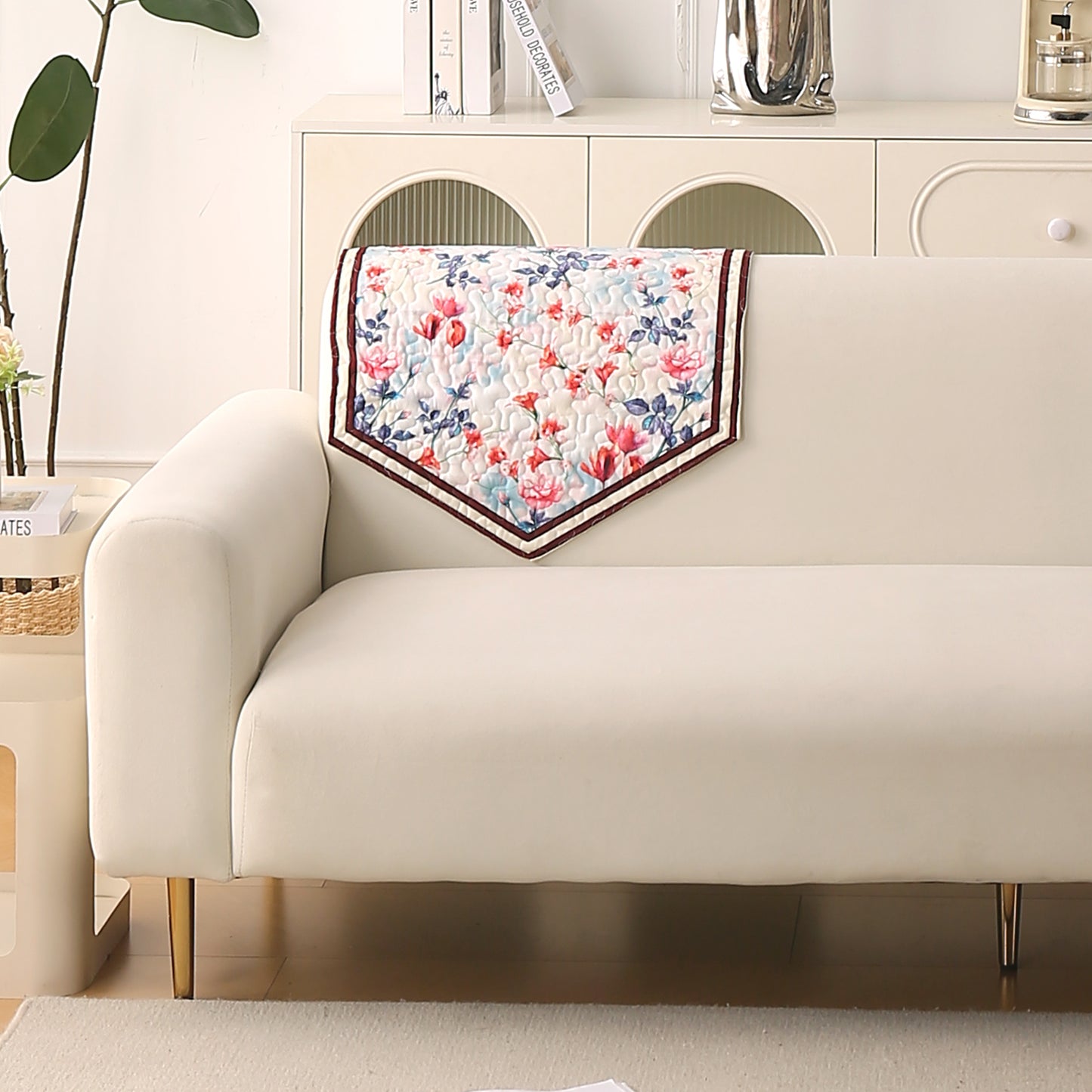 Florentina Series Printed Holland Velvet Sofa Mat - Scarlet Rose Ivory