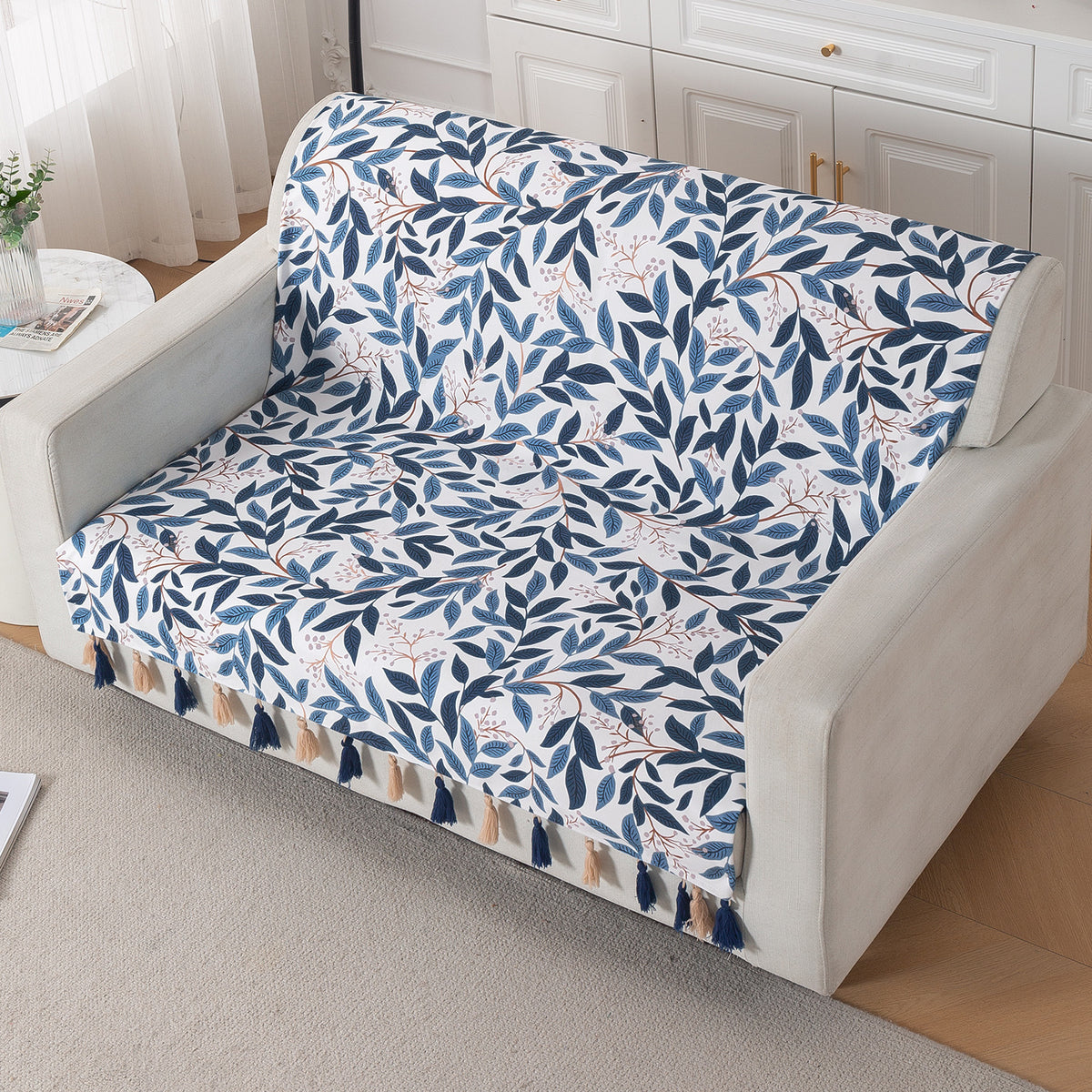 'Whispers of Nature' Series Holland Velvet Sofa Cover with Tassel, Indigo Foliage